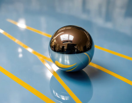 3d rendering of a glass ball on a blue background with yellow linesの素材