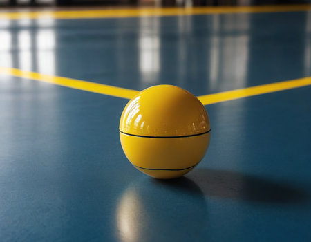 Yellow ball on the floor of a basketball court. 3D renderingの素材