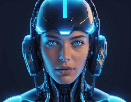 Cyborg woman portrait. Female cyborg with headset. 3D renderingの素材
