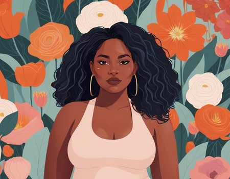Beautiful african american woman in floral background. Vector illustrationの素材