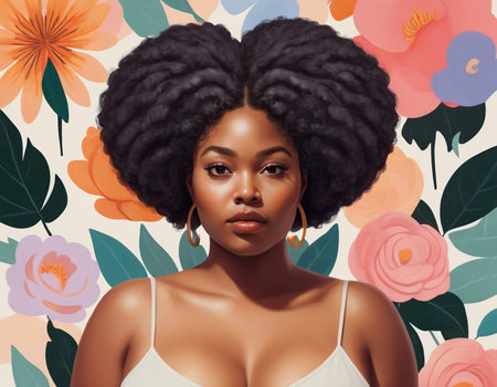Beautiful african american woman with afro hairstyle and floral backgroundの素材