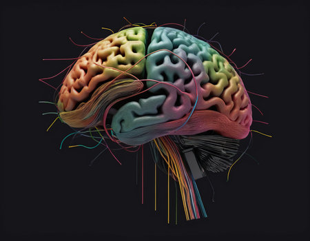 Human brain with colorful lines on black background. 3D illustration.の素材
