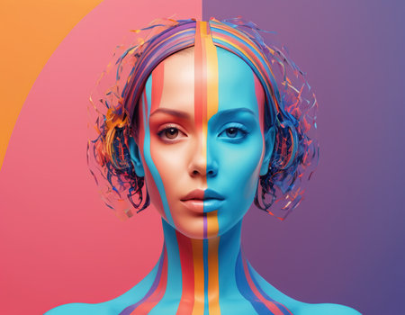 Fashion portrait of young beautiful woman with multicolor hair. 3d renderingの素材