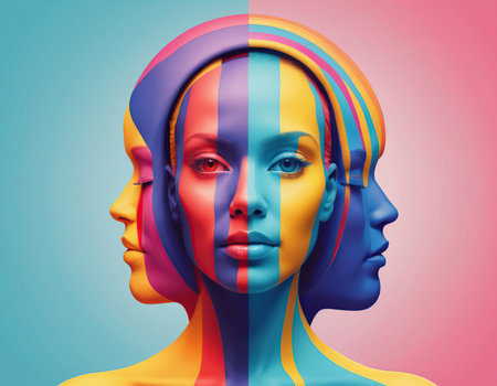3d rendering of a female face with colorful stripes on the skinの素材
