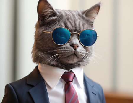 Funny cat wearing sunglasses and a blue suit on the background of the windowの素材