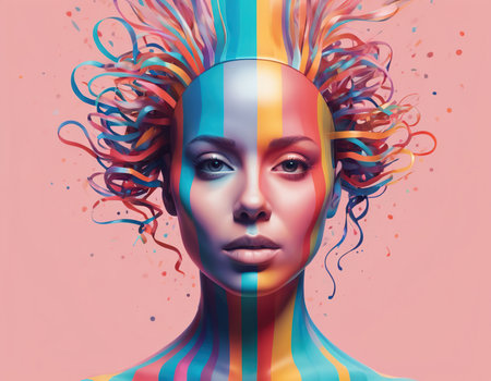 3d illustration of a beautiful woman with colorful hair and make upの素材