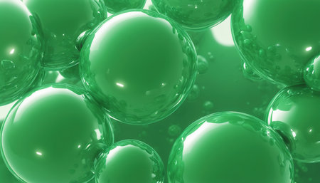 Green bubbles abstract background. 3d rendering, 3d illustration.の素材