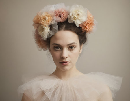 Portrait of beautiful young woman with flower wreath on her headの素材