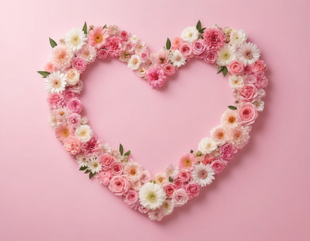 Flowers in the shape of a heart on a pink background.の素材