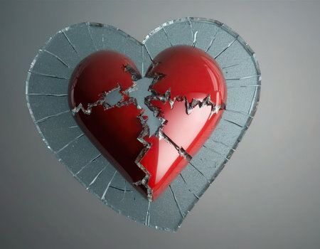 Broken red heart on gray background. 3d render illustration.の素材