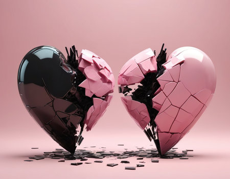 Broken heart on a pink background. 3d render illustration.の素材