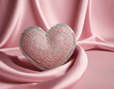 Pink heart on pink satin background, closeup. Valentine's dayの素材