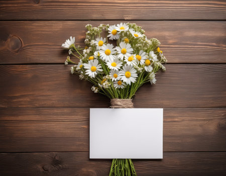 Bouquet of chamomile flowers with blank card on wooden backgroundの素材