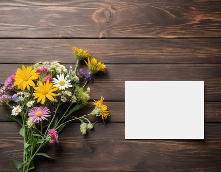 Bouquet of wildflowers and blank card on wooden backgroundの素材