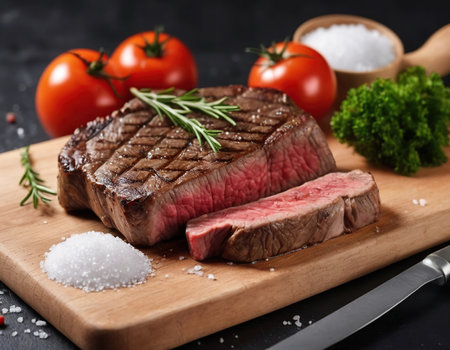 Grilled beef steak on cutting board with herbs and spices on dark backgroundの素材
