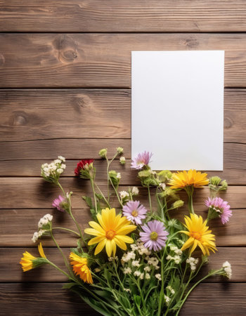 Bouquet of wildflowers with blank paper on wooden backgroundの素材