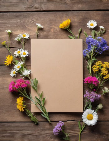 Blank paper with wildflowers on wooden background, top viewの素材