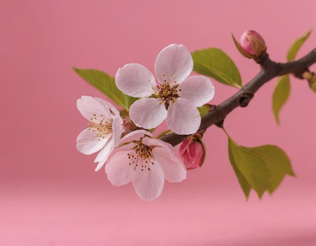 Beautiful cherry blossom branch on pink background. Copy space.の素材