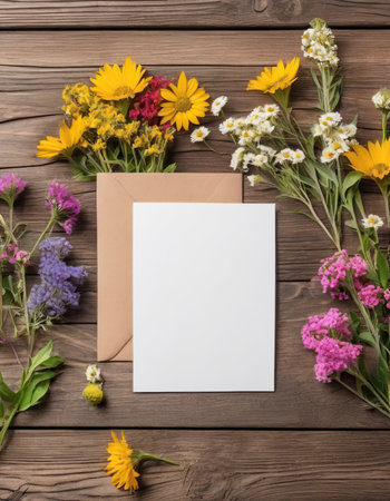 Mockup of a greeting card with a bouquet of wildflowers on a wooden backgroundの素材