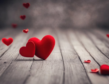Valentine's day background with red hearts on wooden table.の素材