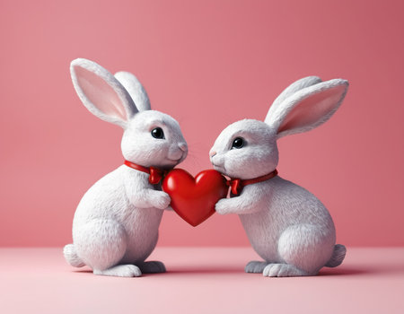 Two white rabbits with red heart on pink background. Valentine's day concept.の素材