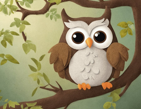 Owl on tree branch in spring time. Hand drawn illustration.の素材