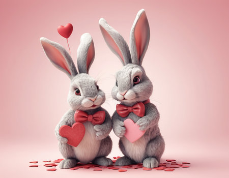 Two cute Easter bunnies with red hearts on pink background.の素材