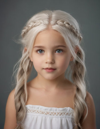 Portrait of a beautiful little girl with blond hair on a gray backgroundの素材