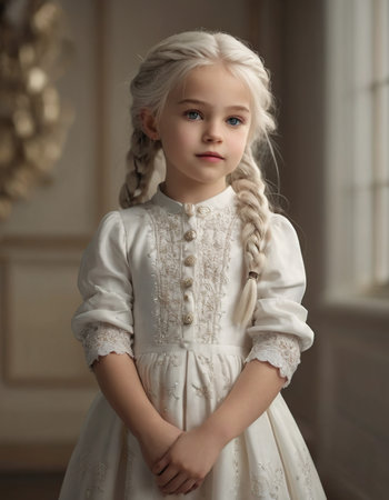 portrait of a little girl in a white dress with braidsの素材