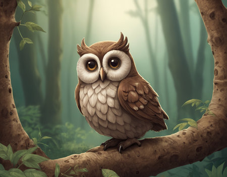 Owl sitting on a branch in the forest. Illustration.の素材
