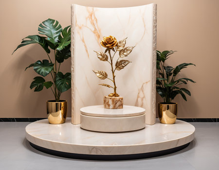 golden rosele pedestal in front of beige wallの素材