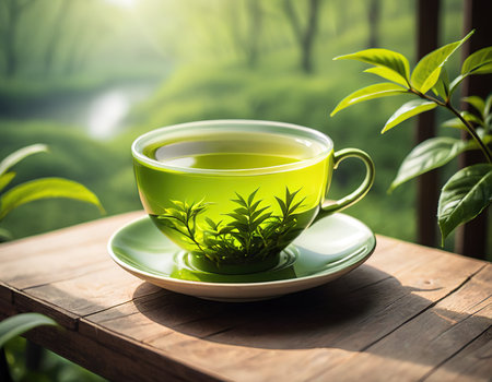 Green tea in a cup on wooden table with fresh green tea leaves.の素材
