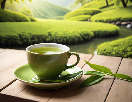 Green tea cup on wooden table in the tea plantation, stock photoの素材