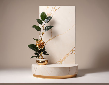 3d render of beige marble podium with golden rose and leavesの素材