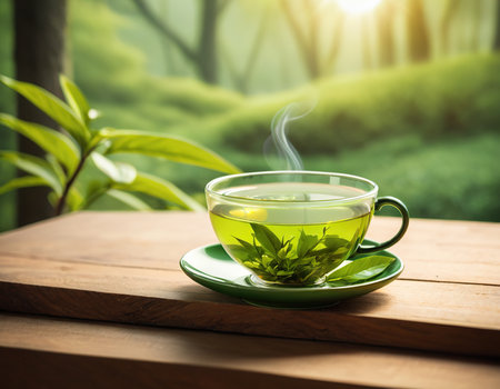 Green tea cup on wooden table with green tea leaves in nature backgroundの素材
