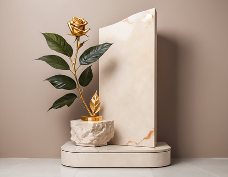 Modern marble pedestal with golden flower and plant on beige backgroundの素材
