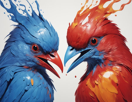 Two birds with red and blue feathers on a white background. Vector illustration.の素材