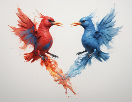 Two birds in love, red and blue on a white background.の素材