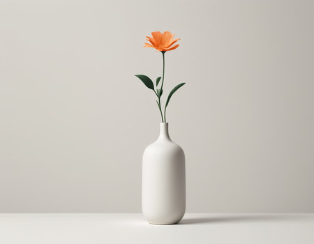 Orange flower in white vase on white background. Minimal style.の素材