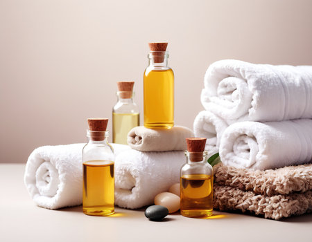 Spa still life with towels and essential oil in glass bottles.の素材