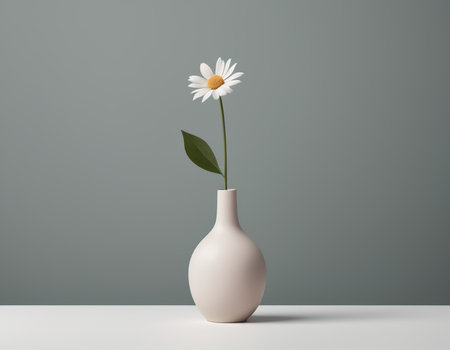 White vase with daisy flower on white table. 3D renderingの素材