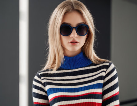Fashion portrait of a beautiful blonde girl in a striped sweater and sunglassesの素材