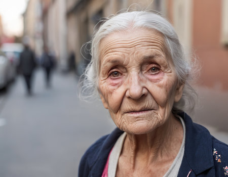 Portrait of an elderly woman on the streets of the city.の素材