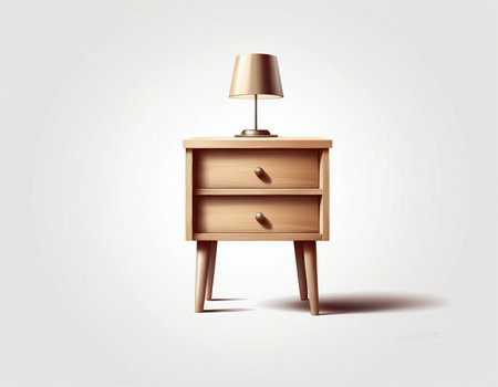 Illustration of a wooden nightstand with a lamp on a white backgroundの素材