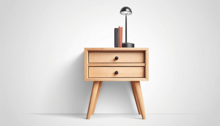 Wooden nightstand with lamp and books on it. Vector illustration.の素材