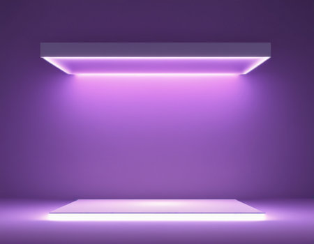 Empty shelf in the purple room. 3d rendering. Neon illumination.の素材