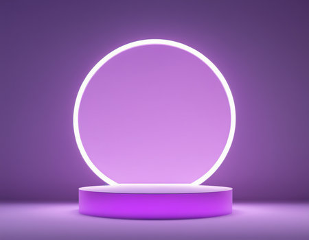 Purple round podium illuminated with neon light. 3D Renderingの素材