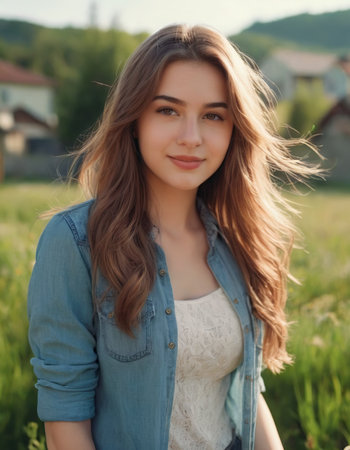 Portrait of a beautiful young girl with long hair in a summer fieldの素材