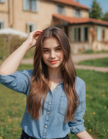 Portrait of a beautiful young girl with long hair in a blue shirt on the background of a country houseの素材
