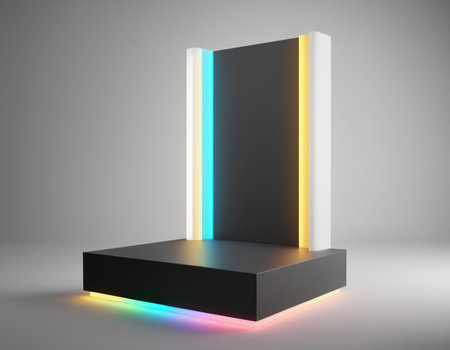 Abstract display podium for product presentation. 3D rendering. Neon lightの素材